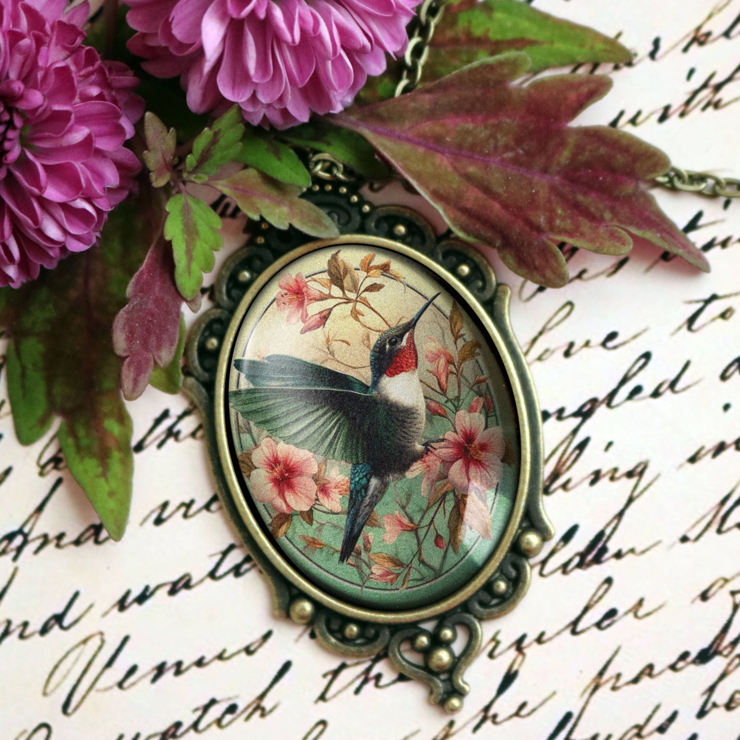 Hummingbird Ornate Pendant Necklace - Art Nouveau - Oval