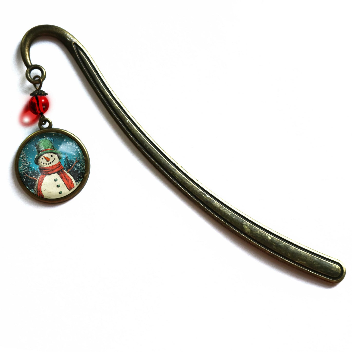 Snowman in a Top Hat Bookmark - Christmas - Bronze and Glass Cabochon Book Hook