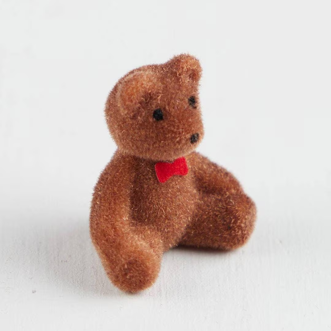 Miniature Flocked Brown Bear Figurines with Red Bows - Crafts, Displays, & Dioramas