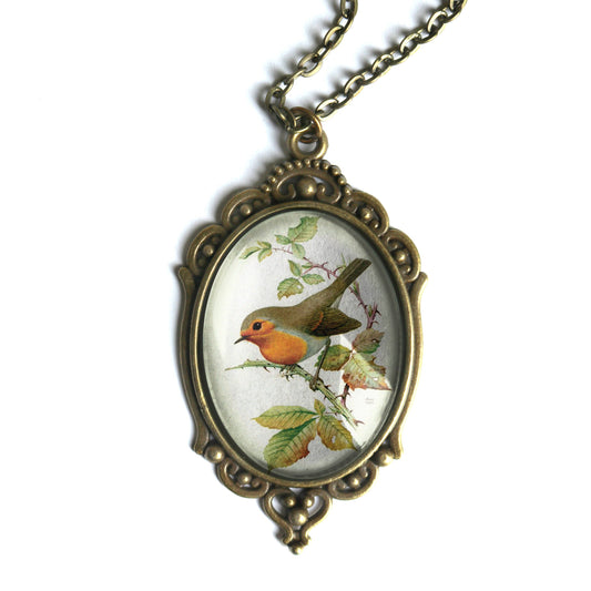 Spring Robin Ornate Pendant Necklace - Oval - Cottage Core