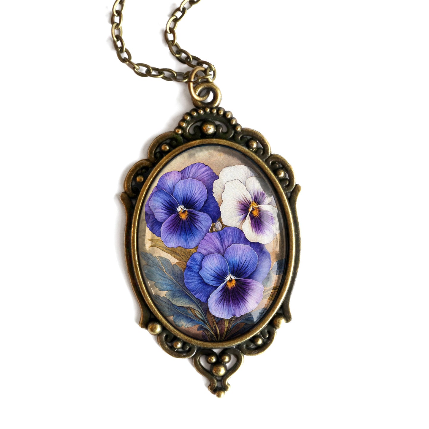 Purple Pansies Ornate Pendant Necklace - Spring Floral - Oval