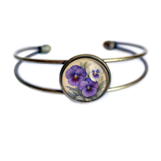 Purple Pansies Cuff Bracelet - Spring Floral - Bronze and Glass Cabochon