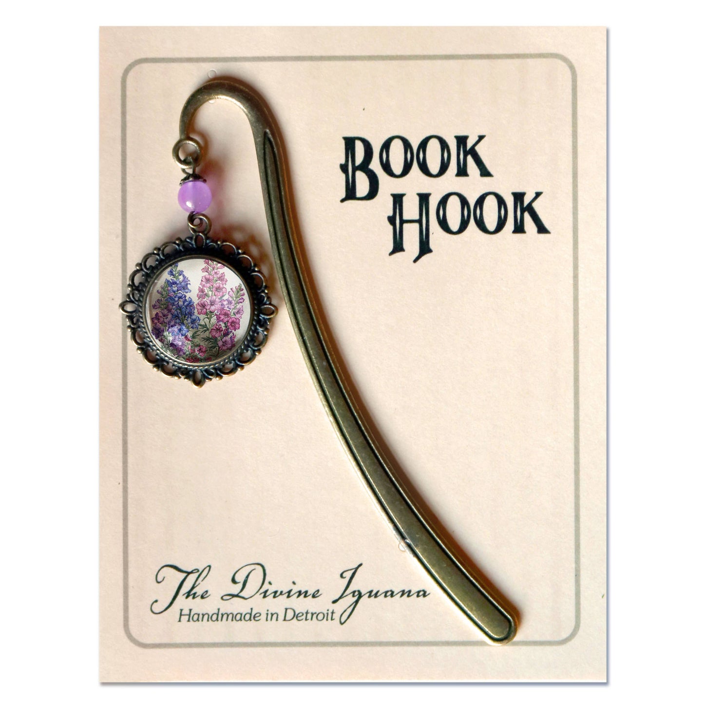 Larkspur Flower Bookmark - Delphinium - Bronze and Glass Cabochon