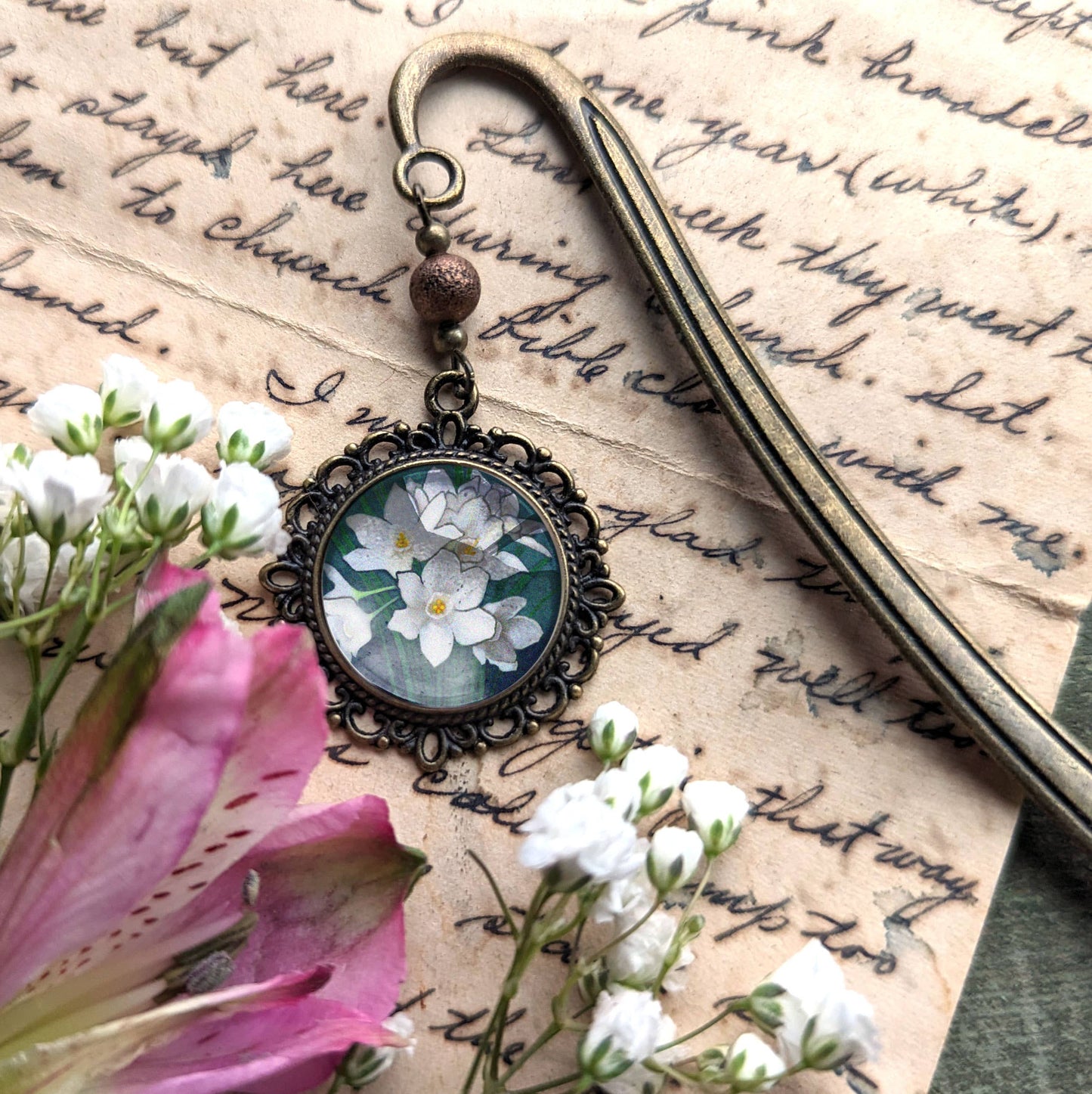 Paperwhite Narcissus Flowers Bookmark - Bronze and Glass Cabochon