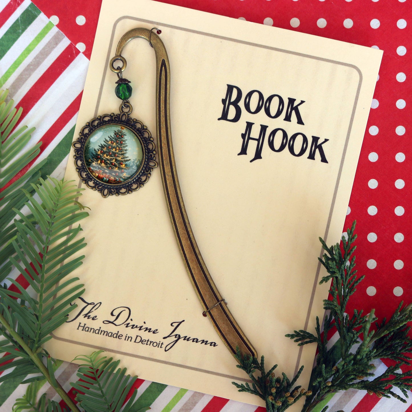 Victorian Christmas Tree Bookmark - Winter - Bronze and Glass Cabochon Book Hook