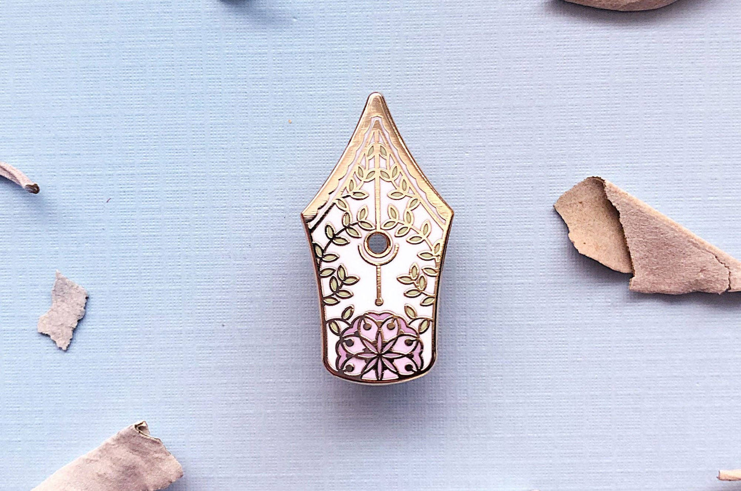 Floral Fountain Pen Enamel Pin - Gold Plated Base