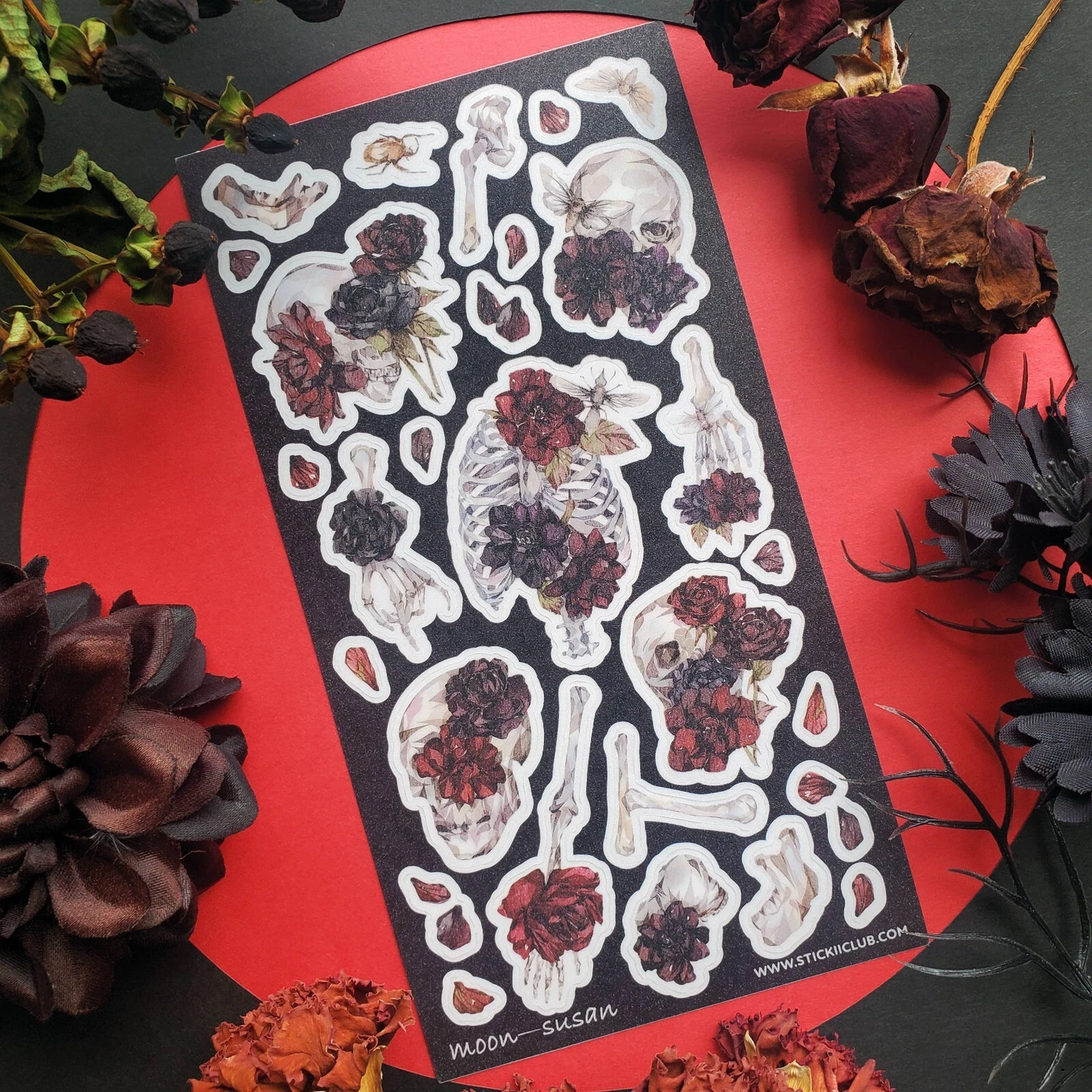 Spooky Blossom Floral Stickers - Skeletons and Flowers Sticker Sheet - Gothic & Halloween