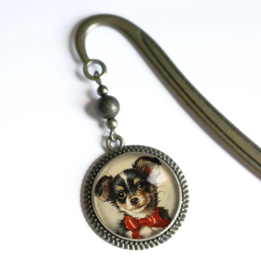 Chihuahua Dog in a Red Bow Bookmark - Christmas Puppy - Bronze and Glass Cabochon
