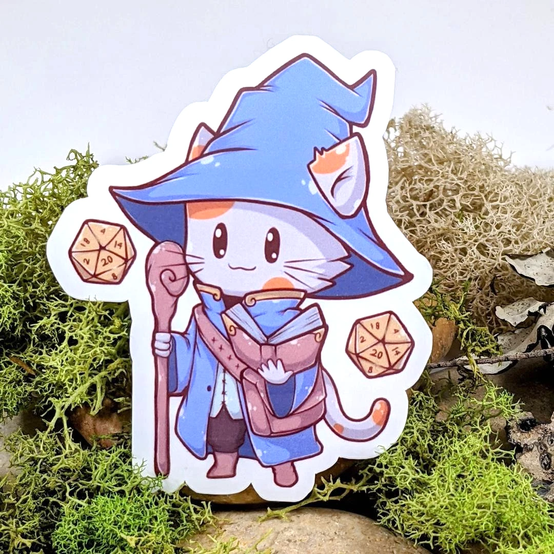 Wizard Hit Dice Cat Tabletop Gaming Sticker - 3" Waterproof Vinyl Decal