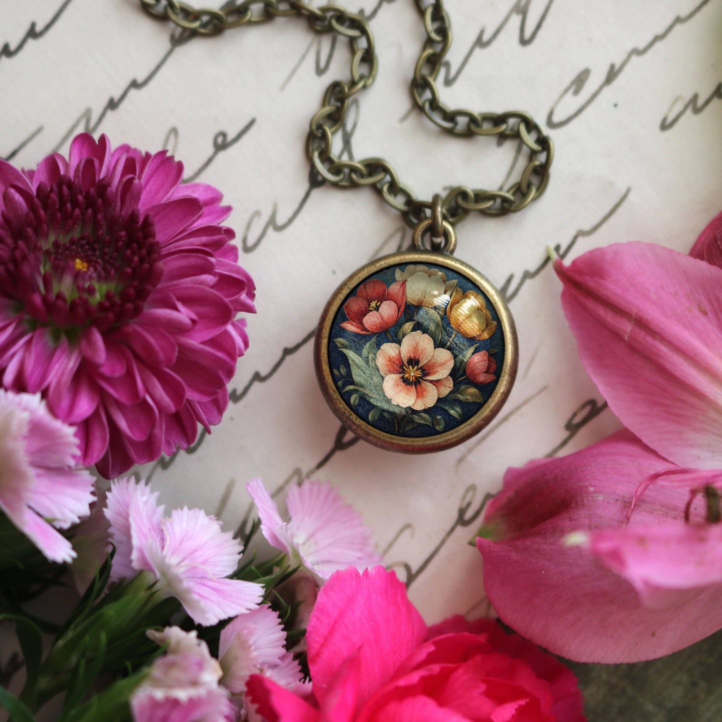 Moody Tulip Flowers Reversible Spring Pendant Necklace