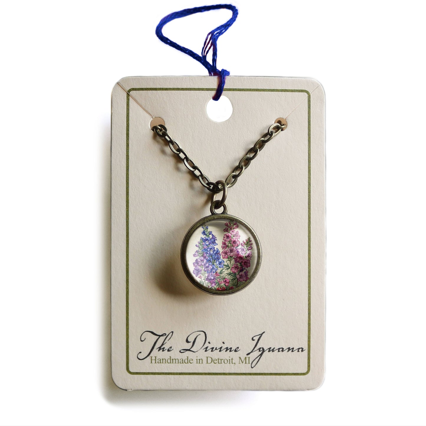 Larkspur Pendant Necklace - Delphinium Flower - Bronze & Glass Cabochon