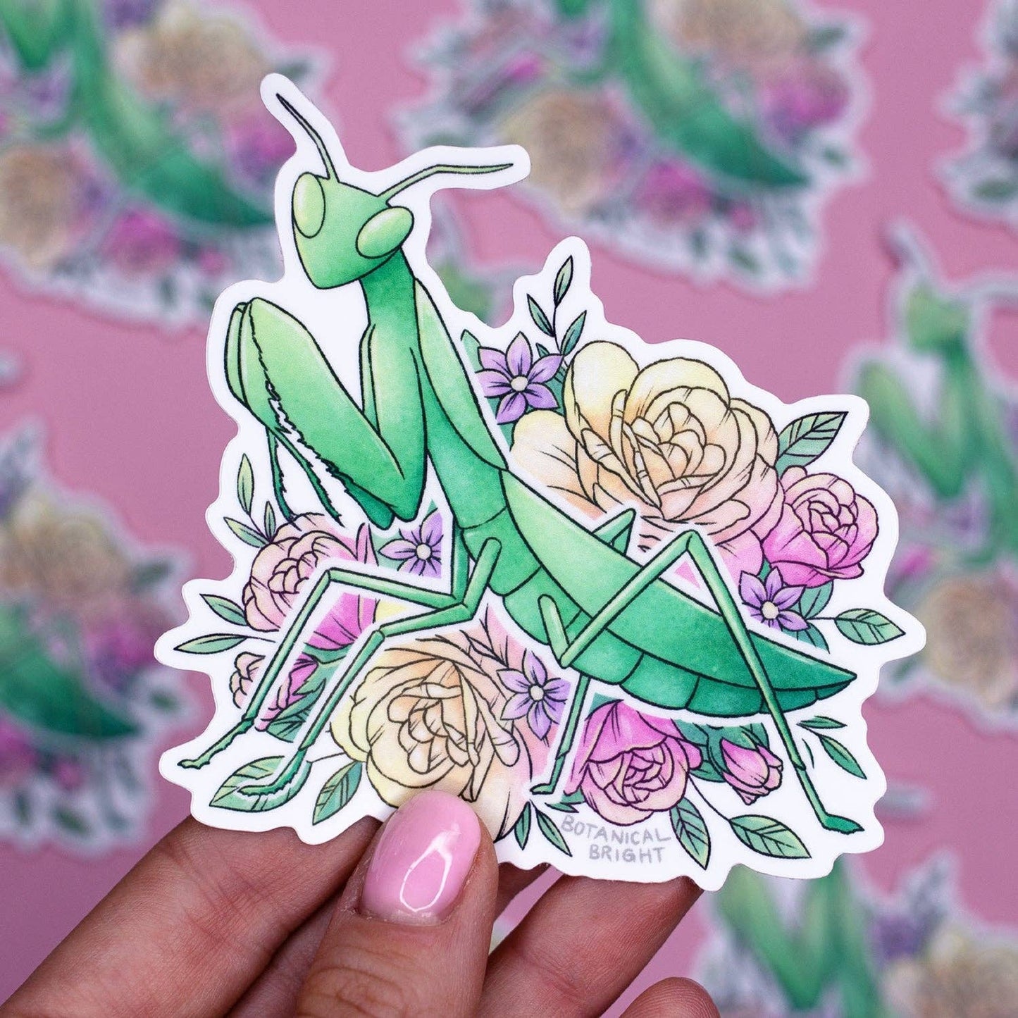 European Praying Mantis with Roses Sticker - Waterproof Vinyl