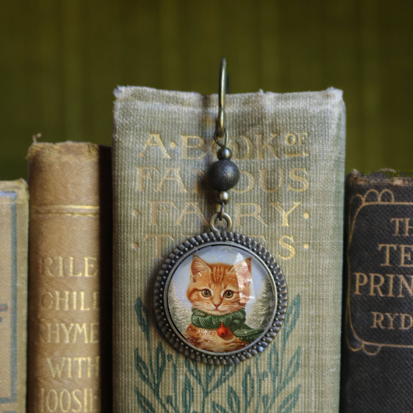 Orange Tabby Cat Bookmark - Christmas - Bronze and Glass Cabochon
