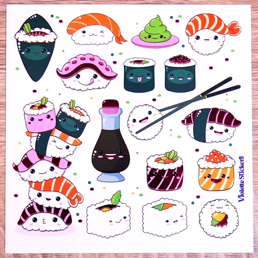 Happy Sushi Stickers - Cute Sashimi Food Sticker Sheets