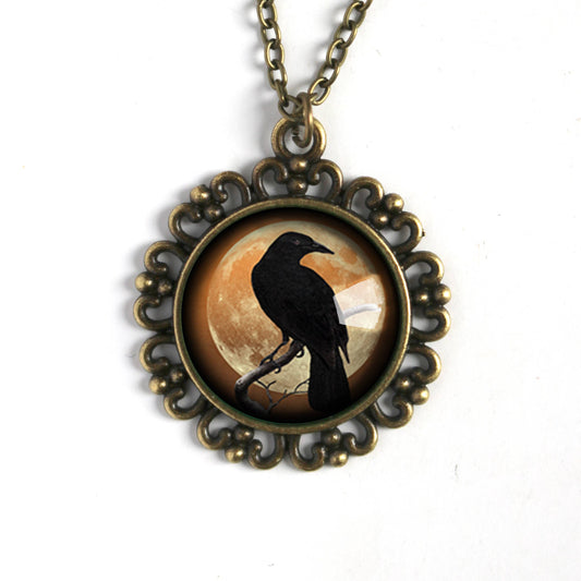 Orange Raven Ornate Necklace - Goth - Halloween