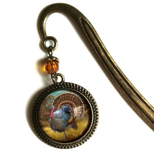 Traditional Thanksgiving Turkey Bookmark - Fall - Bronze and Glass Cabochon Book Hook