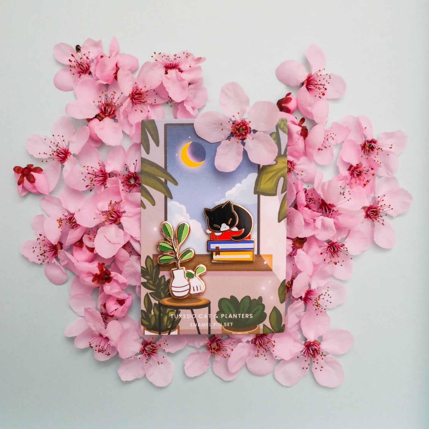 Tuxedo Cat and Planters Enamel Pin Set