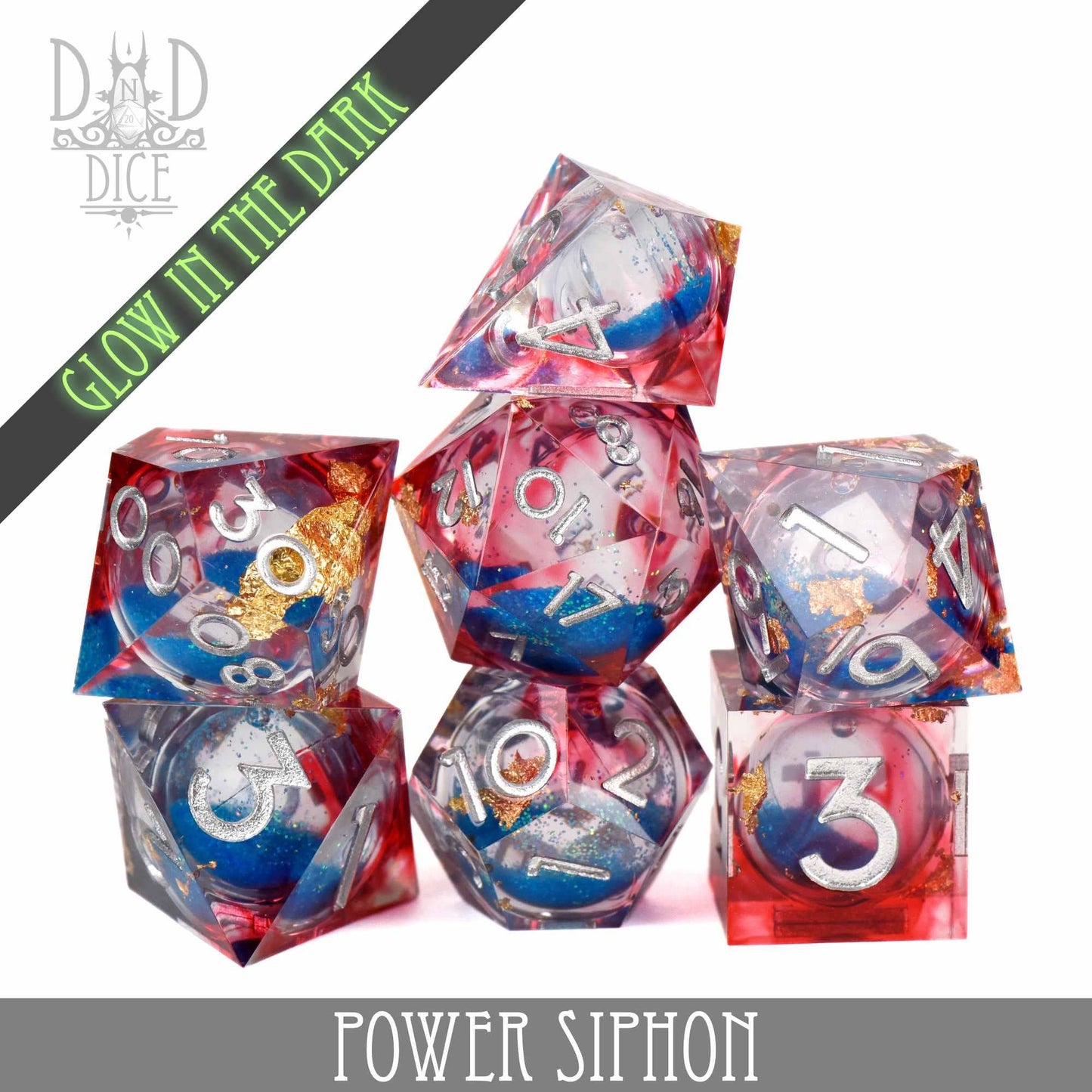 Dice Set - Power Siphon - Liquid Core - Glow in the Dark - 7 Resin Dice