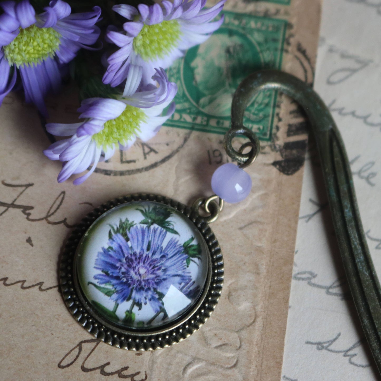 Purple Aster Flower Bookmark - Bronze