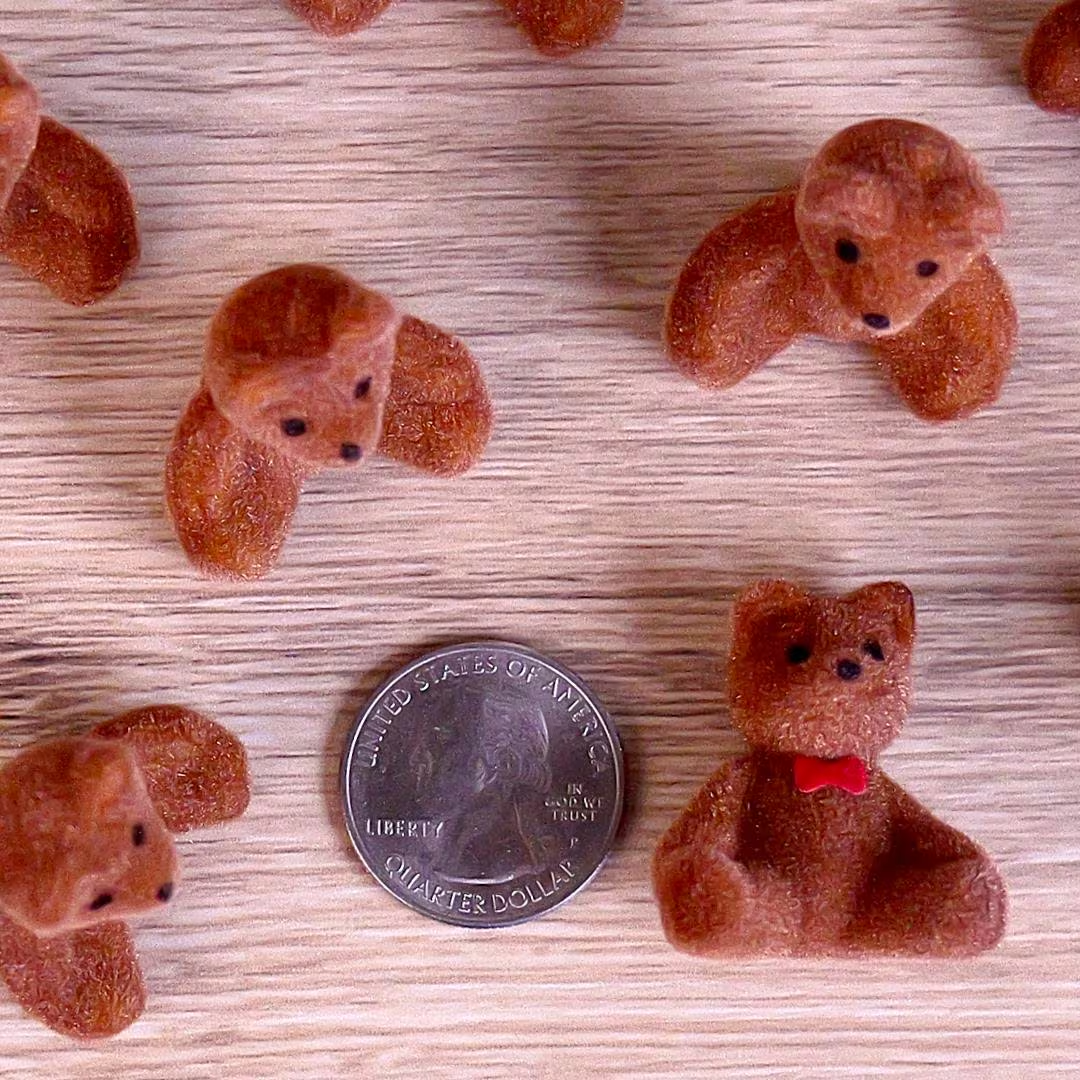 Miniature Flocked Brown Bear Figurines with Red Bows - Crafts, Displays, & Dioramas