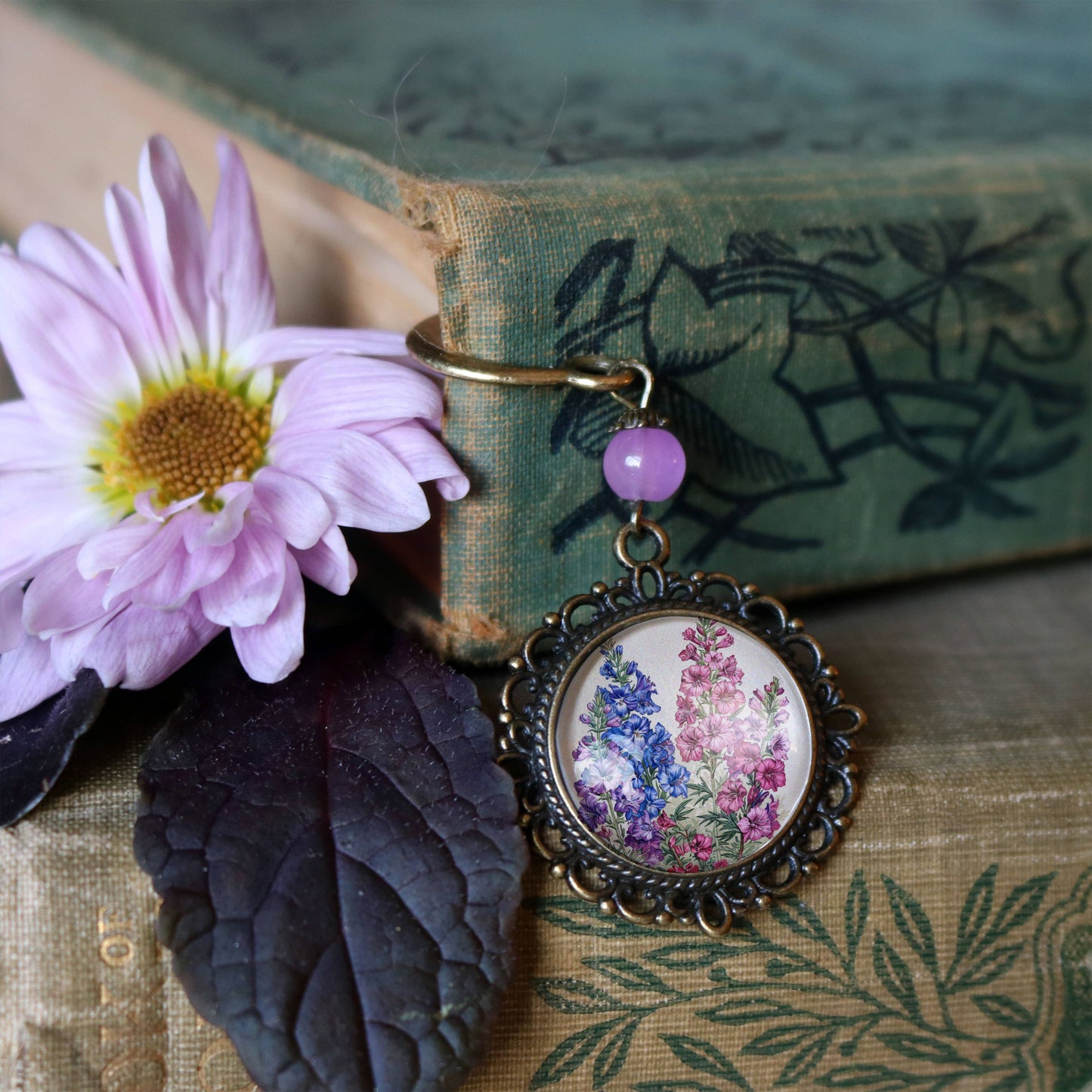 Larkspur Flower Bookmark - Delphinium - Bronze and Glass Cabochon