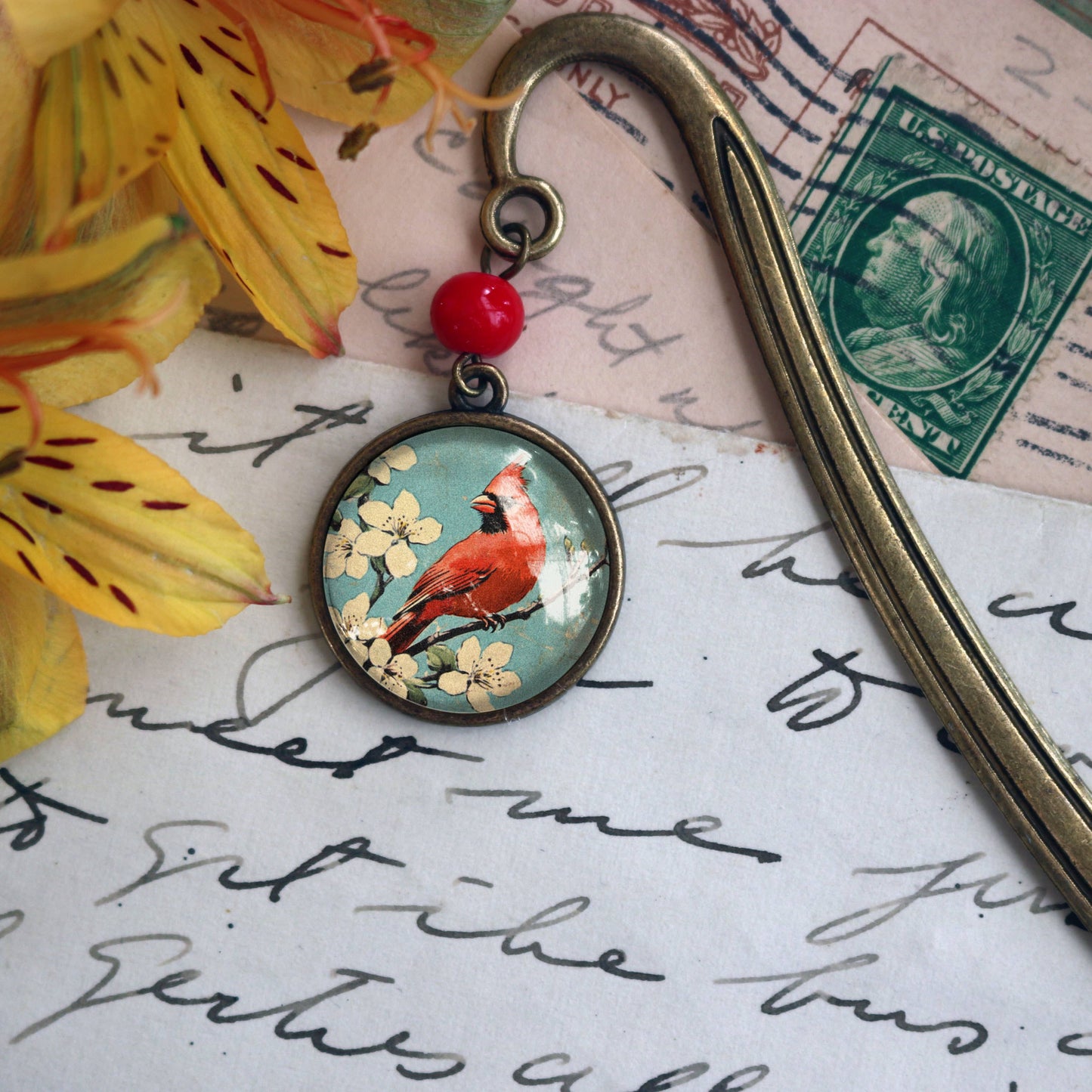 Vintage Cardinal Bookmark - Bronze and Glass Cabochon