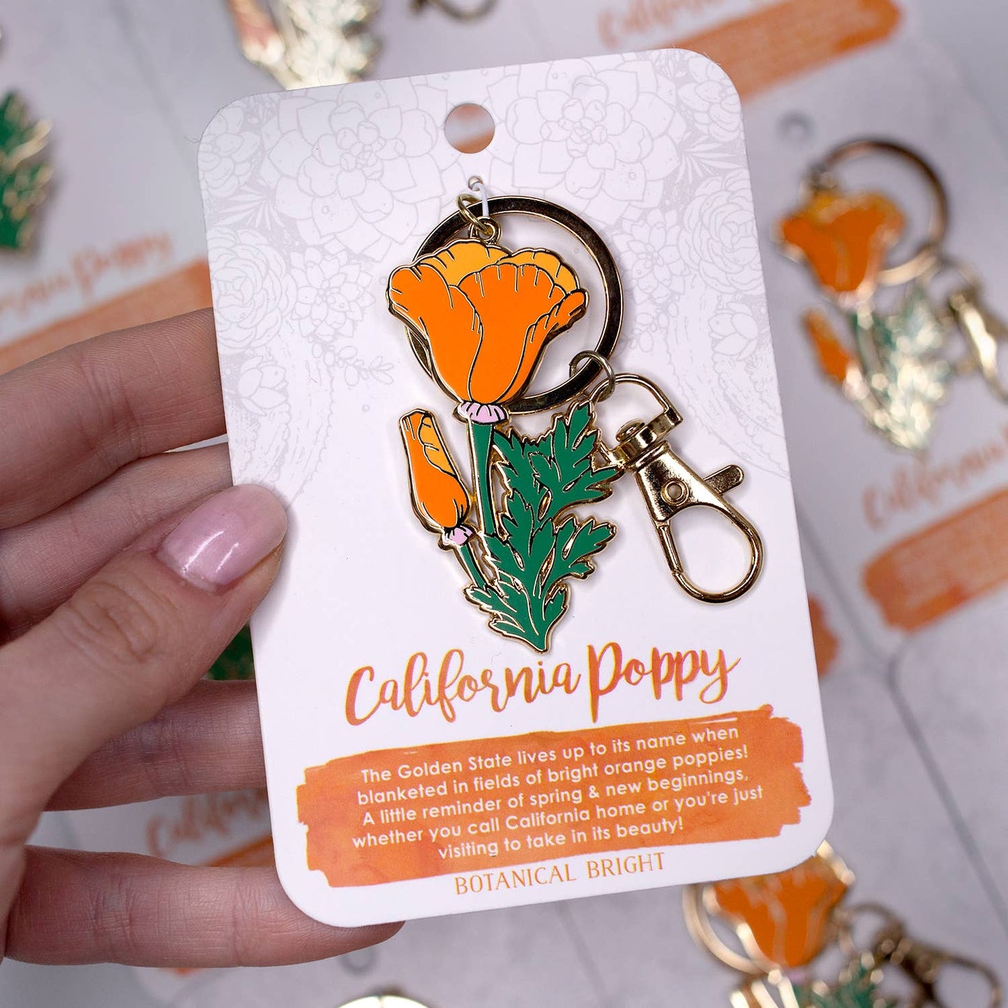 California Poppy Enamel Keychain with Key Clip - California State Flower