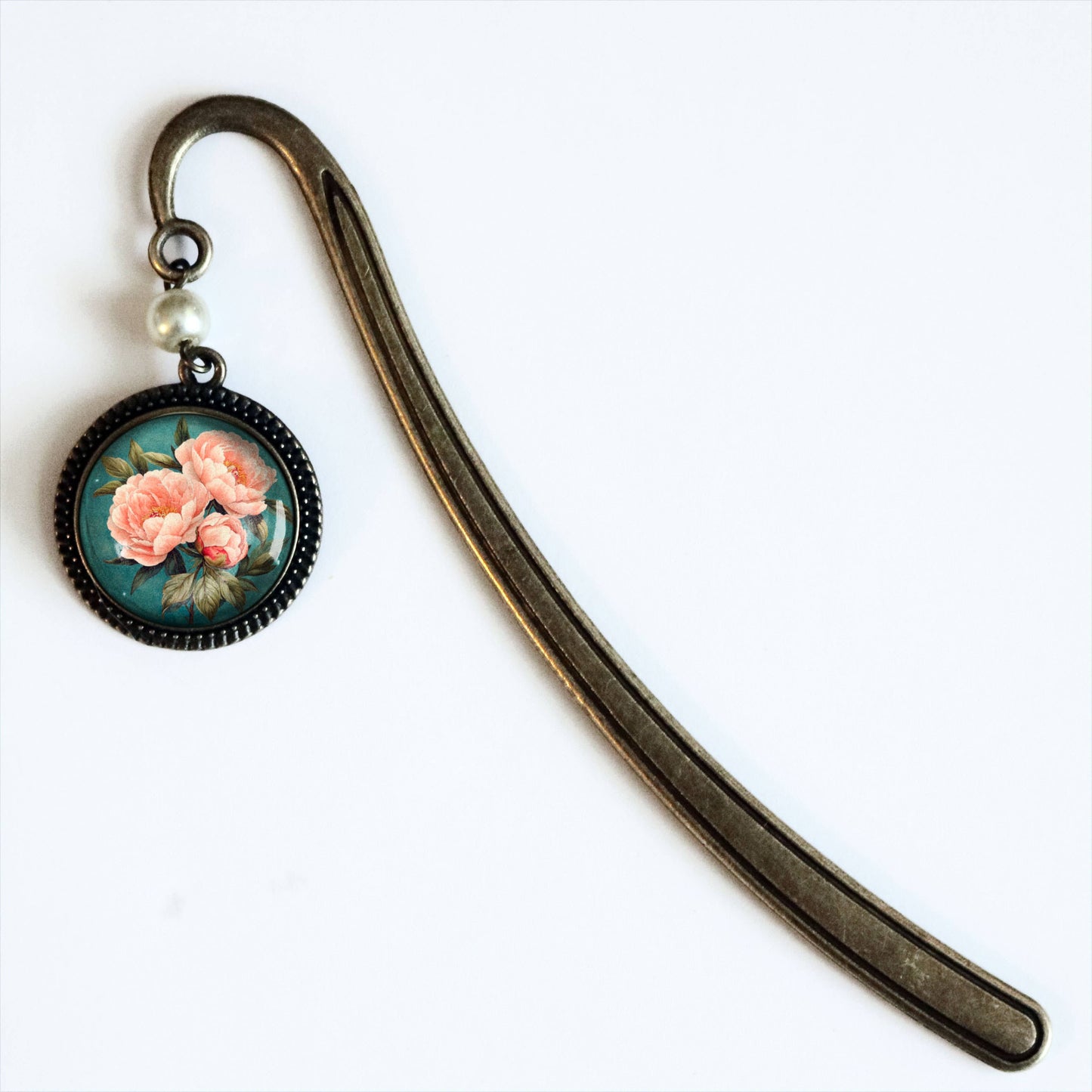 Pink Peony Flowers Bookmark - Bronze and Glass Cabochon - Pearl Bead - Indiana State Flower