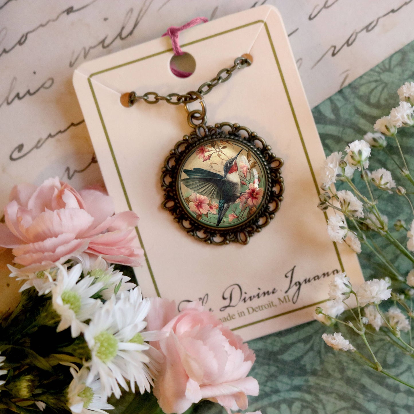 Hummingbird Ornate Necklace - Art Nouveau - Glass Cabochon