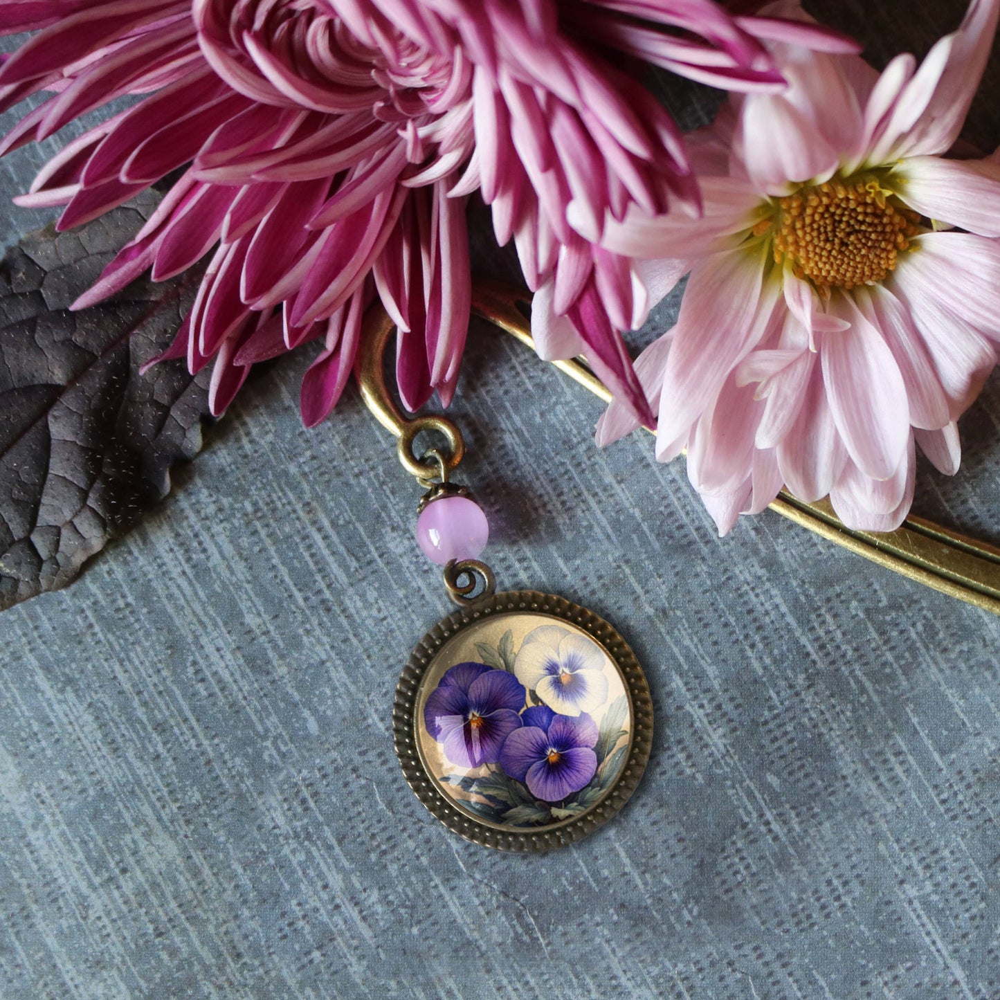 Purple Pansies Flowers Bookmark - Spring Floral - Bronze