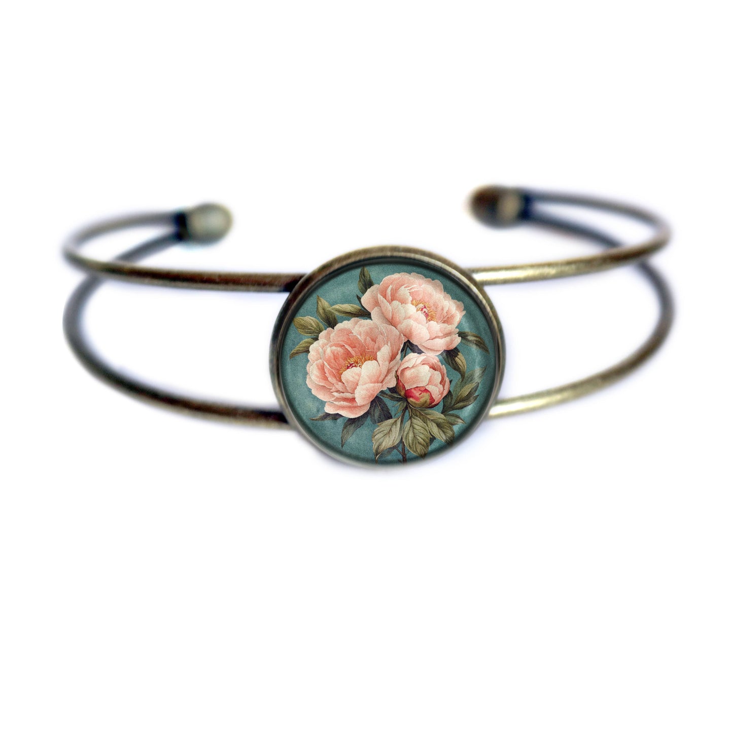 Pink Peony Cuff Bracelet - Spring - Glass Cabochon - Indiana State Flower