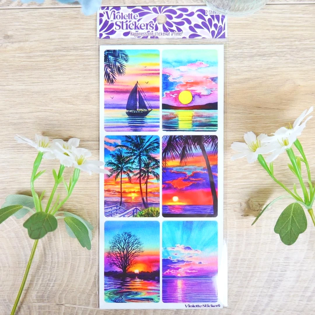Tropical Sunset Stickers - 2 Summer Beach Sticker Sheets