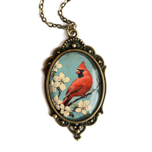 Retro Cardinal Ornate Pendant Necklace - Oval - Glass Cabochon