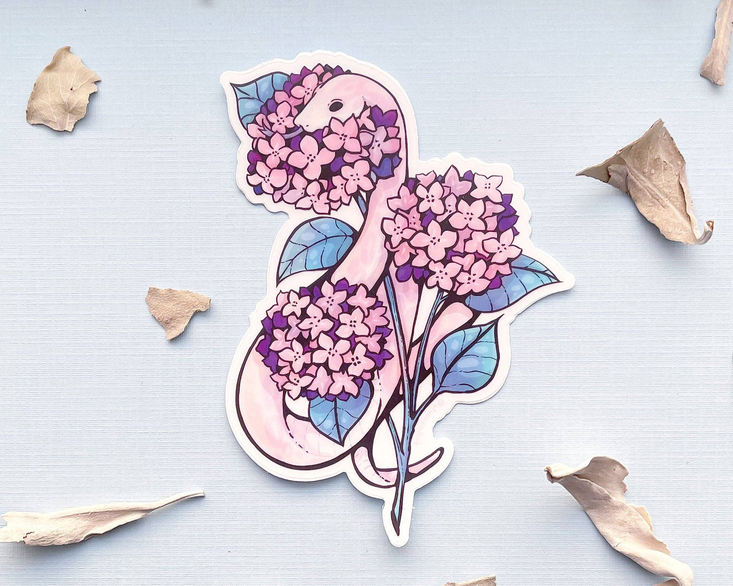 Snake and Pink Hydrangeas Sticker - Clear Vinyl