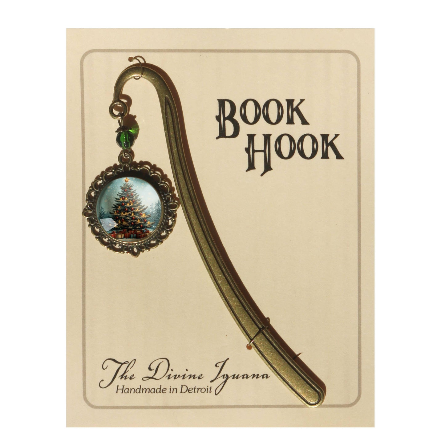 Victorian Christmas Tree Bookmark - Winter - Bronze and Glass Cabochon Book Hook