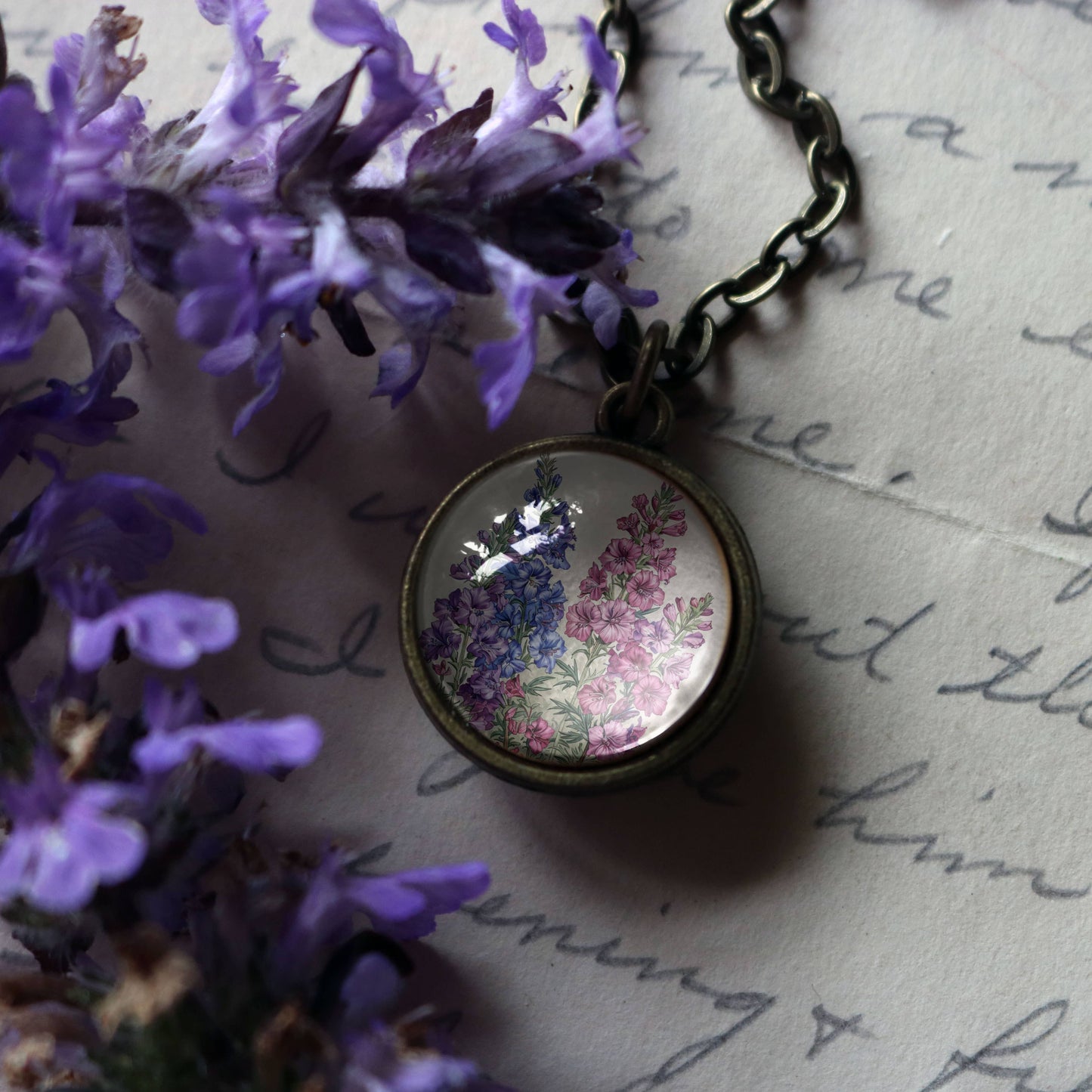 Larkspur Pendant Necklace - Delphinium Flower - Bronze & Glass Cabochon