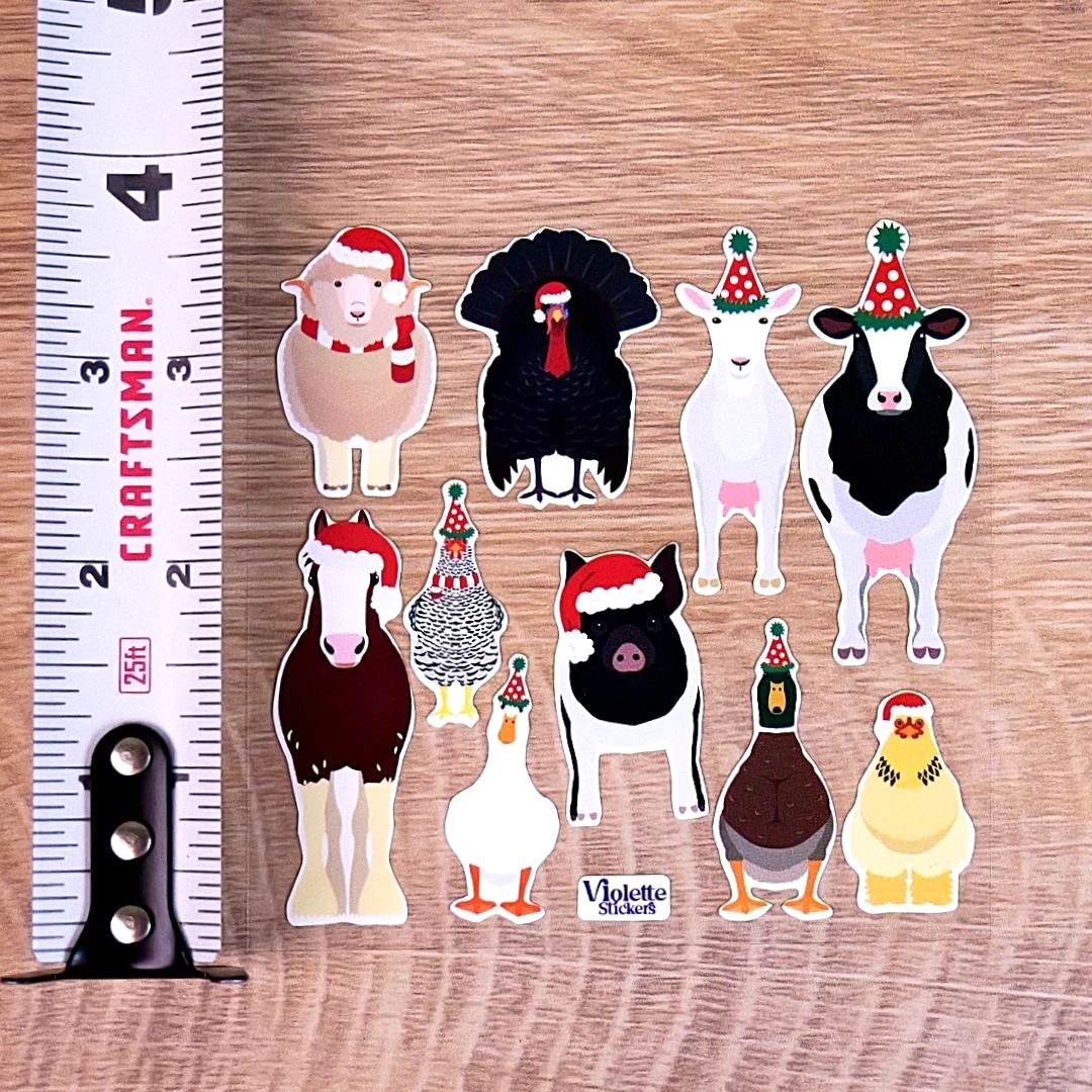 Santa Farm Animals Stickers - Animal Christmas Sticker Sheet