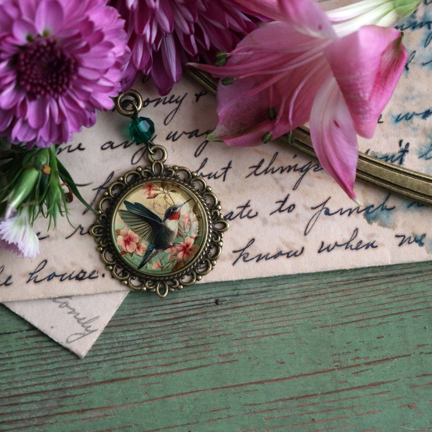 Hummingbird Bookmark - Art Nouveau - Glass Cabochon - Bronze