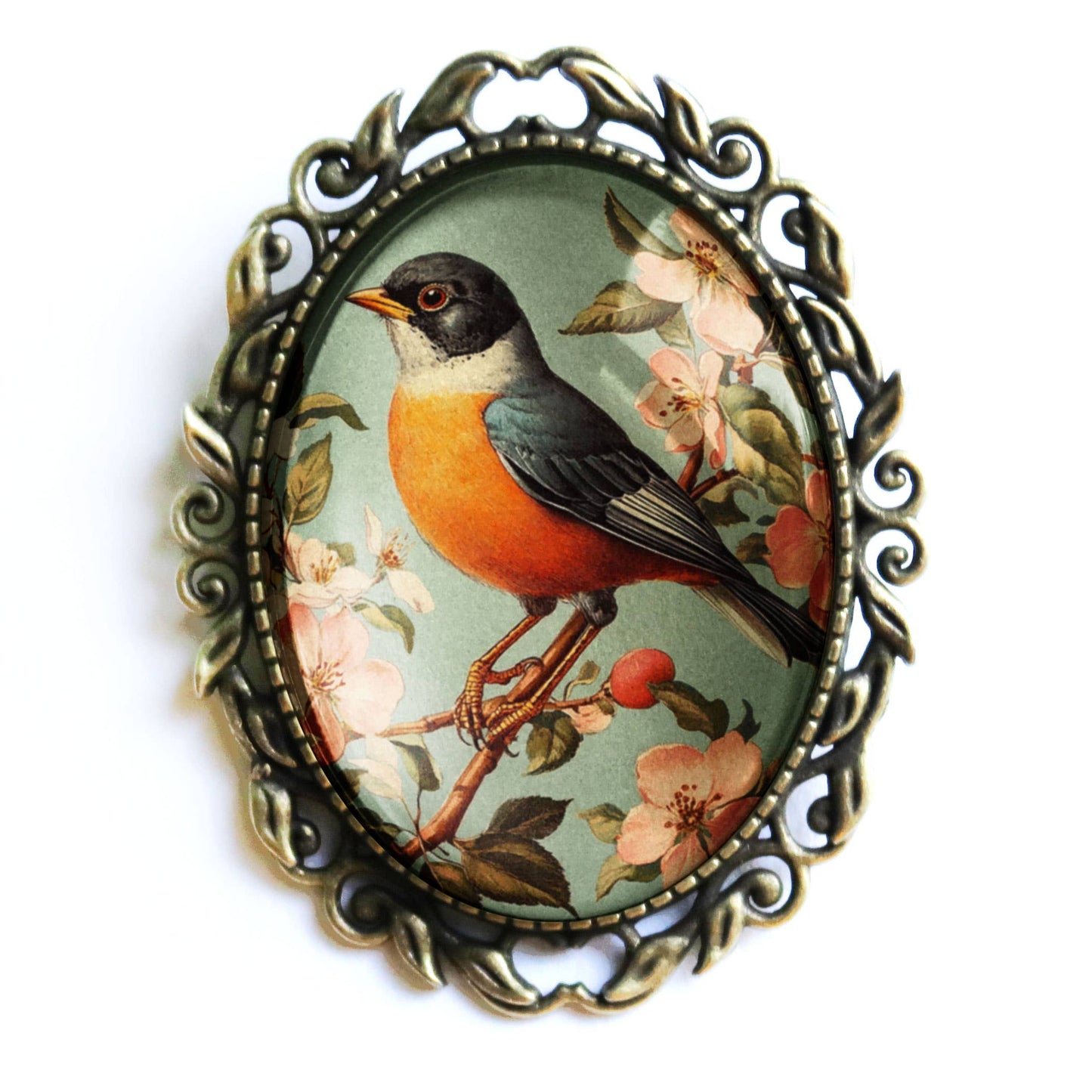 Vintage Robin Brooch - Large Oval - Spring - Bird - Glass Cabochon