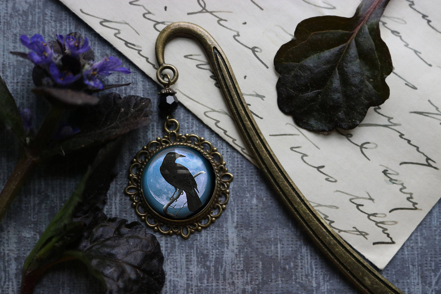 Raven Bookmark - Crow - Full Moon - Goth - Halloween - Bronze