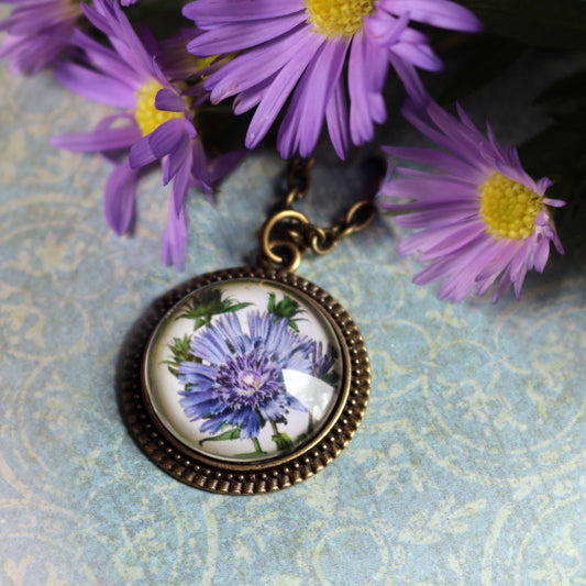 Purple Aster Flower Ornate Pendant Necklace - Cottage Core