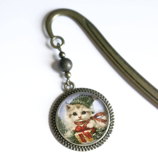 Fluffy Christmas Kitten Bookmark - Winter Holidays- Bronze and Glass Cabochon