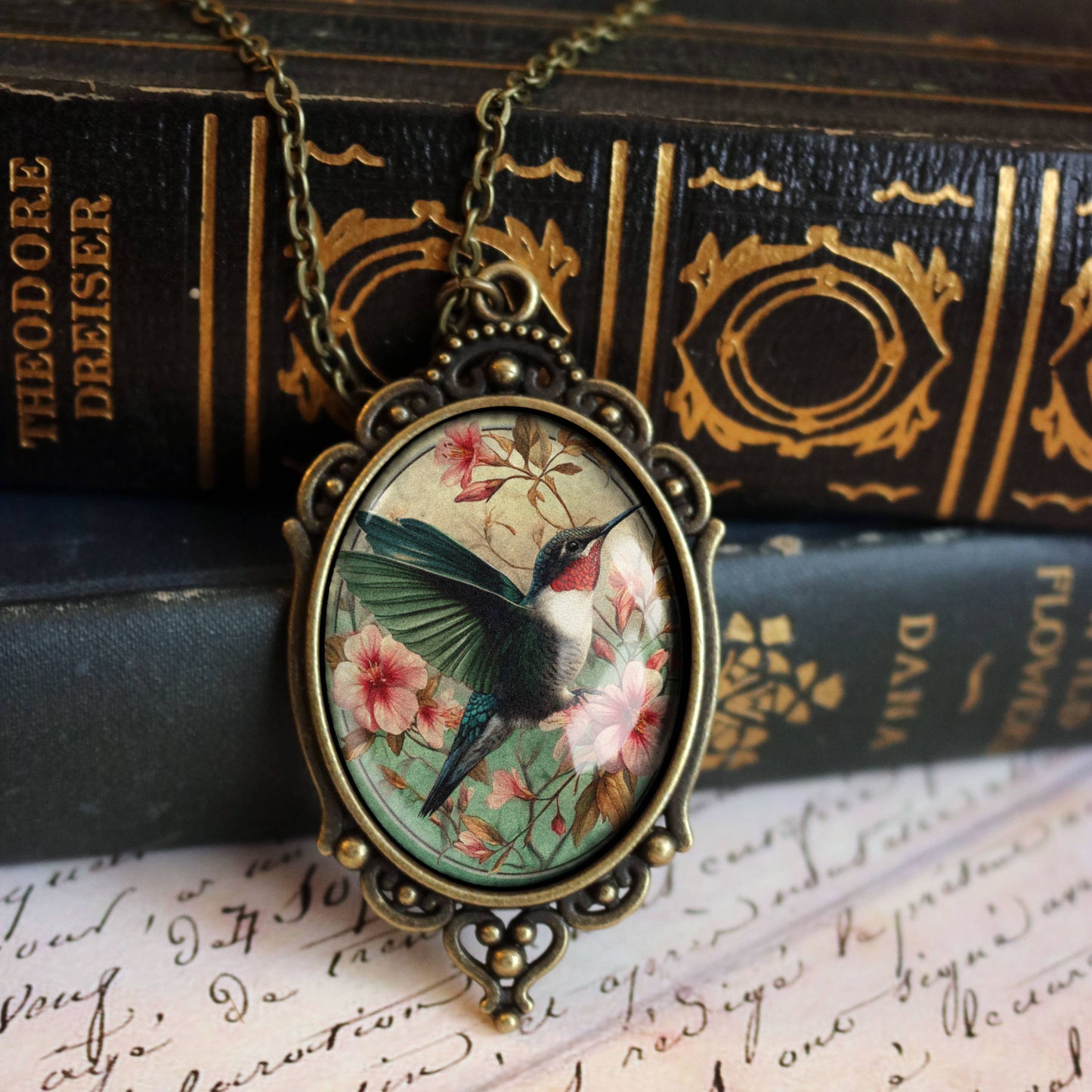 Hummingbird Ornate Pendant Necklace - Art Nouveau - Oval