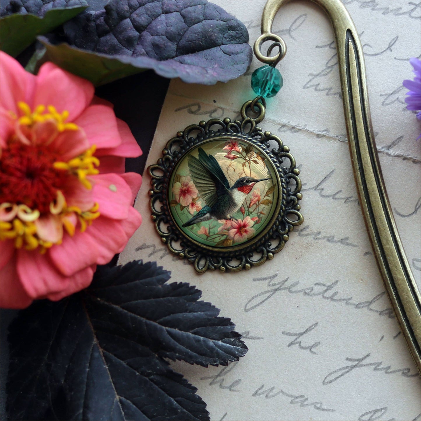 Hummingbird Bookmark - Art Nouveau - Glass Cabochon - Bronze