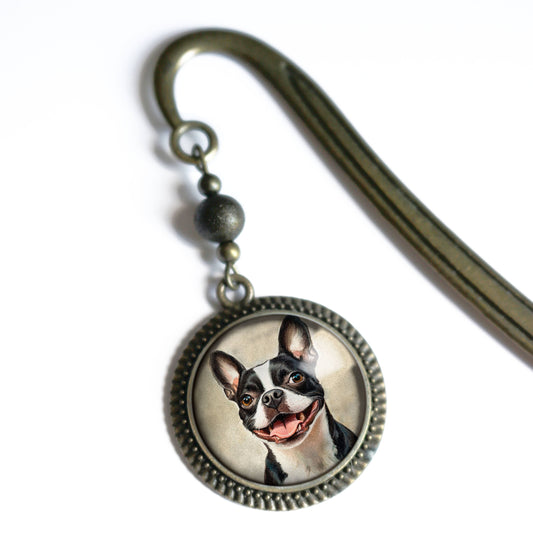 Boston Terrier Dog Bookmark - "Best Friends" - Bronze and Glass Book Hook