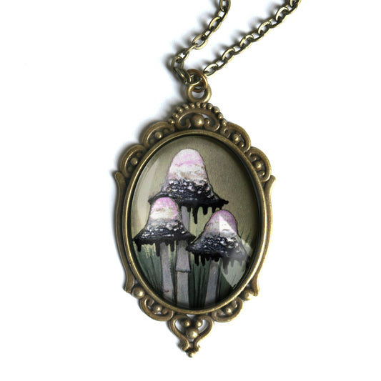 Inky Cap Mushrooms Ornate Pendant Necklace - Oval - Cottage Core