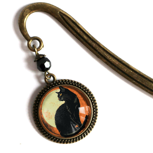 Black Cat & Orange Moon Bookmark - Retro Halloween - Bronze & Glass Cabochon