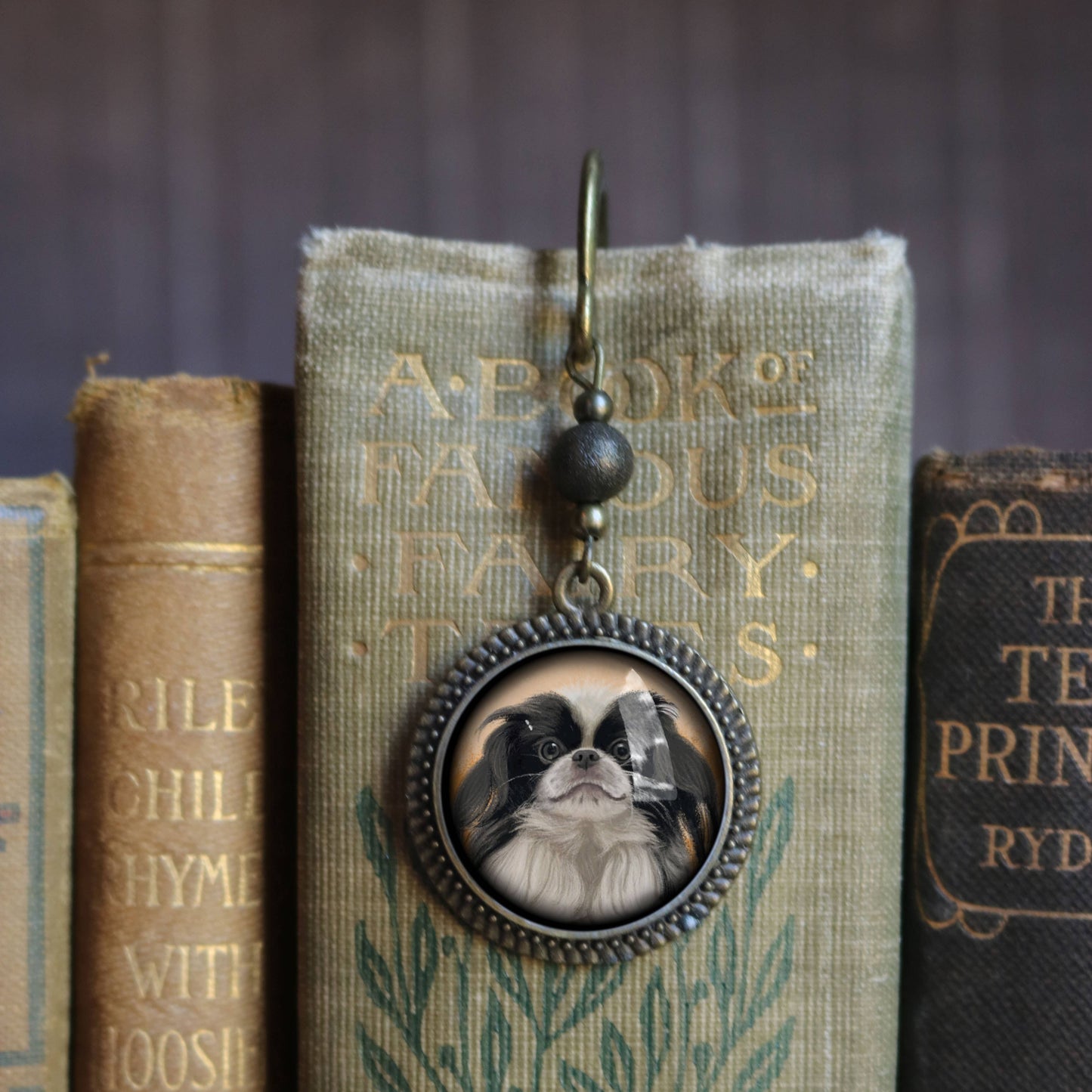 Japanese Chin Dog Bookmark - "Best Friends" - Bronze and Glass Cabochon