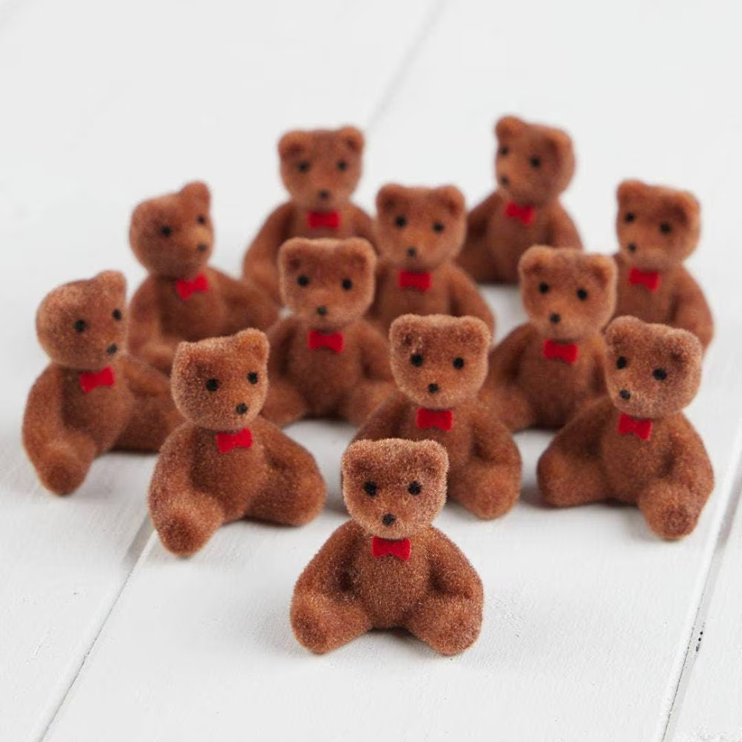 Miniature Flocked Brown Bear Figurines with Red Bows - Crafts, Displays, & Dioramas