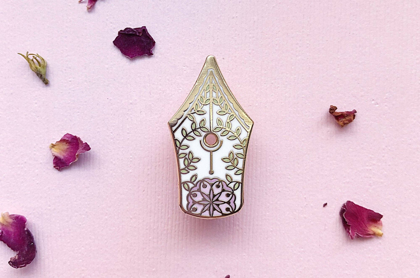 Floral Fountain Pen Enamel Pin - Gold Plated Base